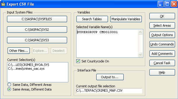 Specify the geography of the input files and the variables to be exported in SASPAC