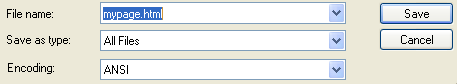 File name: mypage.html | Save as type: All files | Encoding ANSI | Save