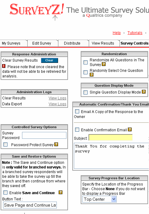 The surveyz.com questionnaire settings page (named 'survey controls')